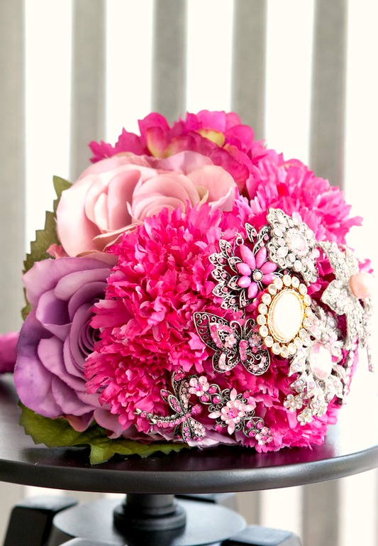 Pink Brooch Bouquet With Vintage Brooches, Lavander, Magenta And Pink Flowers